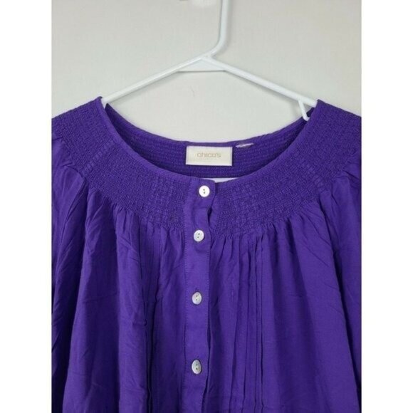 Chicos Womens Blouse Top Large PUrple 3/4 Sleeve Button Up Smocked Peasant BOHO - Picture 5 of 7